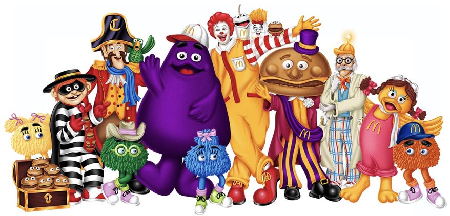 Ronald McDonald, Grimace, Hamburglar, Birdie, Mayor McCheese, Captain Crook, the Professor and the Fry Kids